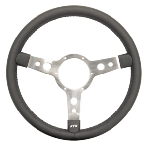 black leather steering wheel