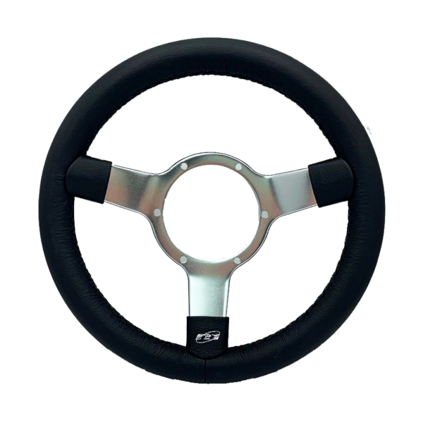 Traditional 12" 3 Spoke Semi-Dished Black Leather Steering Wheel With Polished Centre