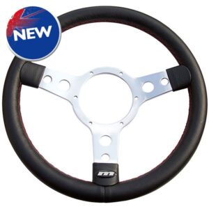 13" Traditional 3 spoke Leather Steering Wheel With Polished Centre - Black with red stitching