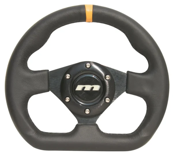 Mountney 'M' Range 250mm 3 Spoke Flat-Dished Black Leather Motorsport Steering Wheel With Black Centre - Flat Bottomed