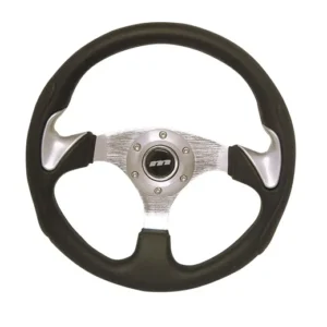 Mountney 'M' Range 320mm 3 Spoke Semi-Dished Black Moulded Sports Steering Wheel With Silver Centre & Silver Thumb Spats