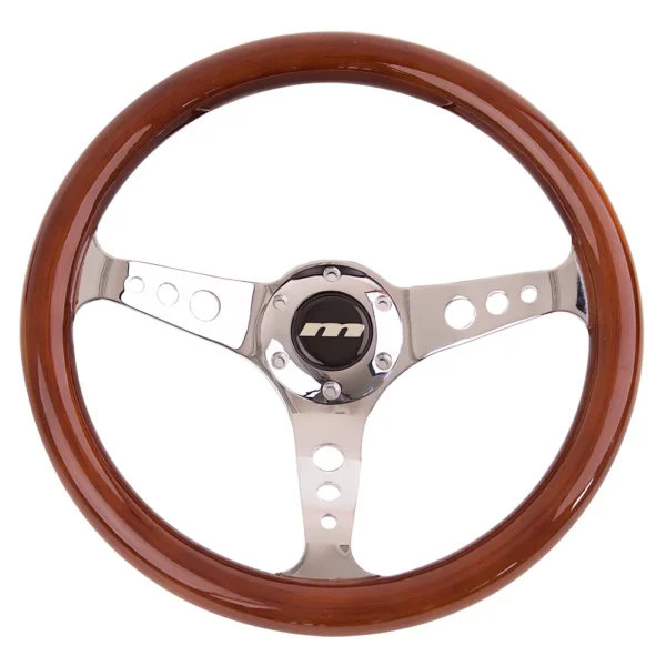 Mountney 'M' Range 350mm 3 Spoke Semi-Dished Woodrim Steering Wheel With Chrome Centre & Integrated Spats